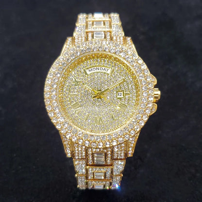 Luxury Diamond Bling Iced Hip Hop Golden Stainless Steel Quartz Watch