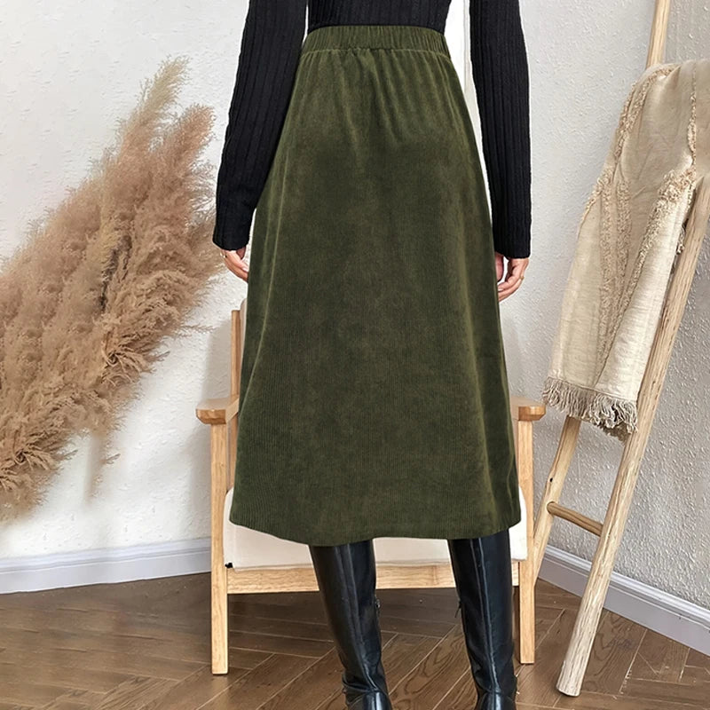 Vintage Green High Waist  Button Up Pocket Midi Long Skirts