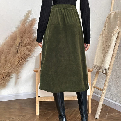 Vintage Green High Waist  Button Up Pocket Midi Long Skirts