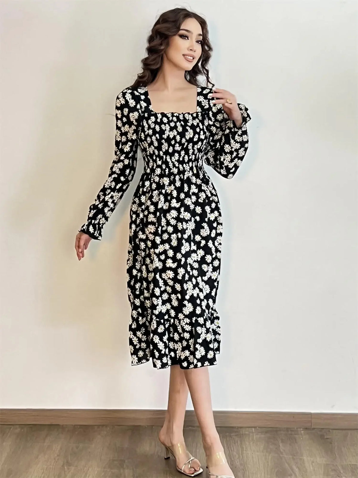 Long Sleeve Casual Chiffon Floral Elastic Chest Lace Up Midi Dress