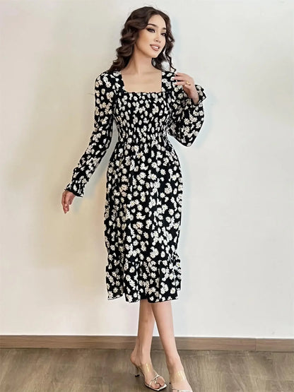 Long Sleeve Casual Chiffon Floral Elastic Chest Lace Up Midi Dress