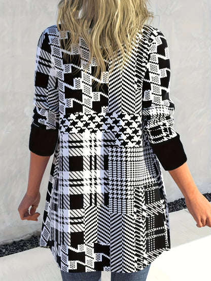 Elegant Geometric Print Button-Up Cardigan Knit Long Sleeve Open Front Sweater