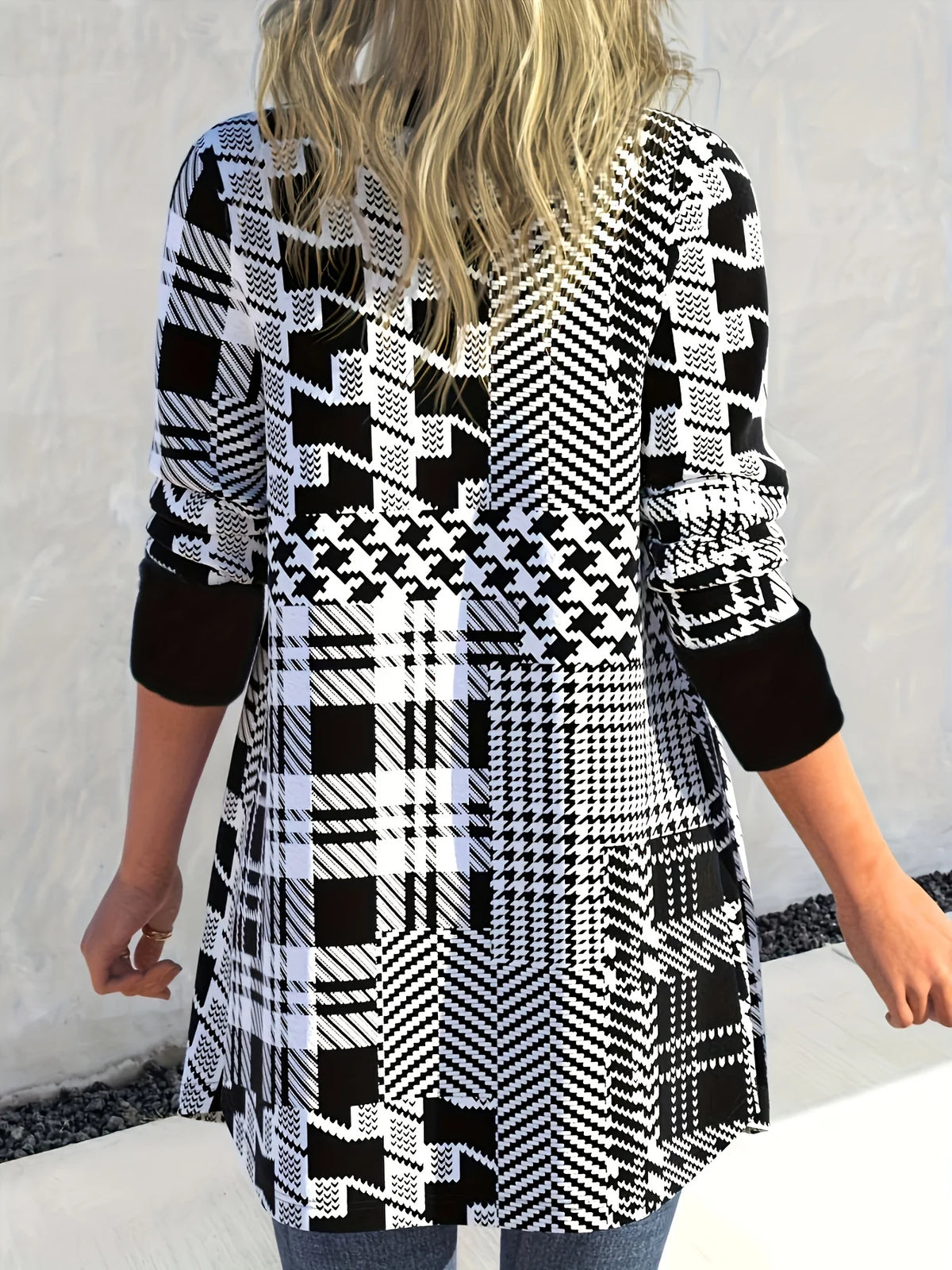 Elegant Geometric Print Button-Up Cardigan Knit Long Sleeve Open Front Sweater