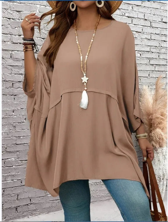 Plus-size loose crew-neck batwing sleeve Top
