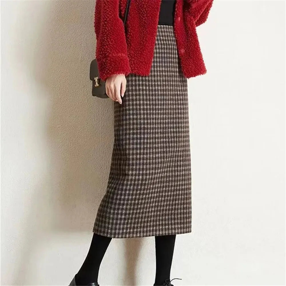 Y2k Slim Classic Plaid Midi Skirts Autumn Vintage Elegant Skirts