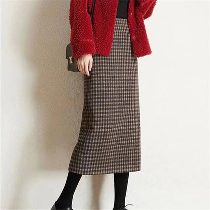Y2k Slim Classic Plaid Midi Skirts Autumn Vintage Elegant Skirts