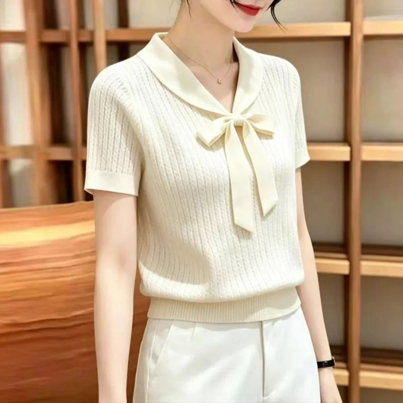 Knitted Bow Collar White Knit Sweater Pullover