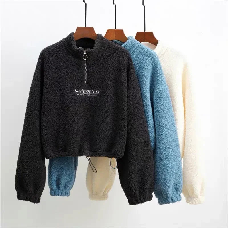 Letter Embroidery Stand Neck Fleece Long Sleeve Pullover