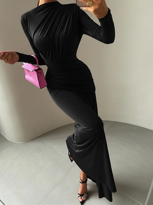 Folds Maxi Full Sleeve Elegant Skinny Dress