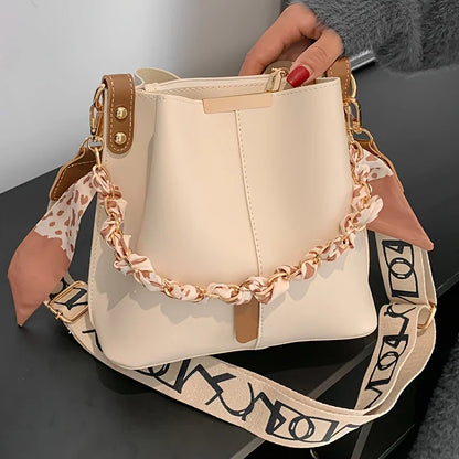 Shoulder Large Capacity Ribbon Chain Bucket Bag