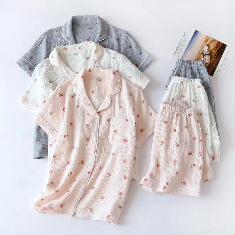 Short-sleeved 100% Cotton Crepe Cloth Thin Loose Pajama Sets