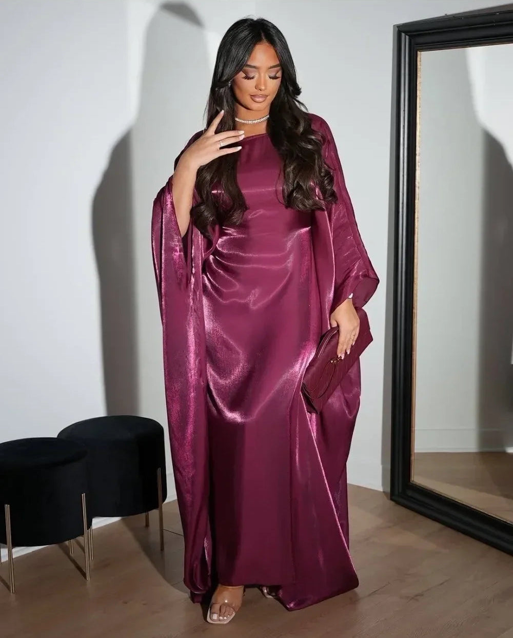 Rose Muslim Kaftan Batwing Satin Maxi Abaya