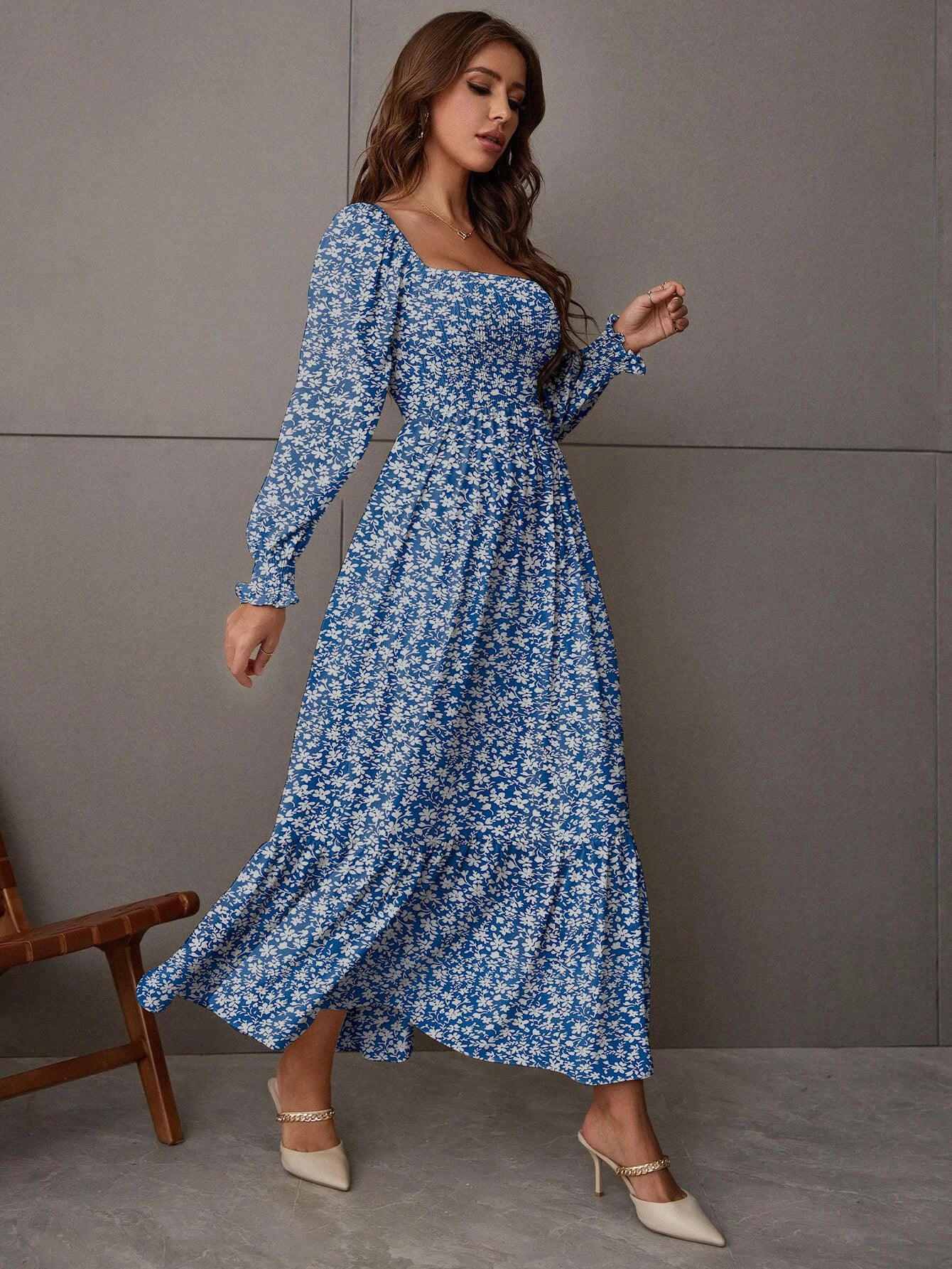 Ruched Ruffle Hem Elegant Shirred Backless Long Dress