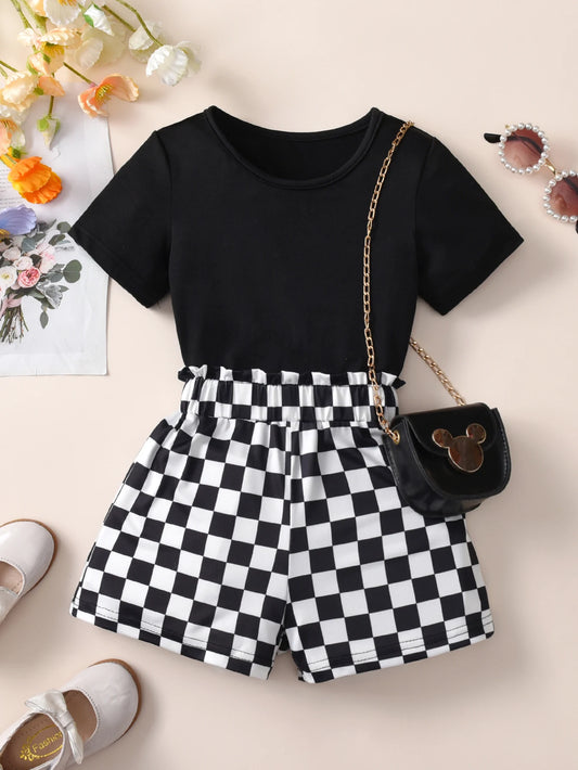 Black Cropped Top And Plaid Shorts Daily Leisure Set
