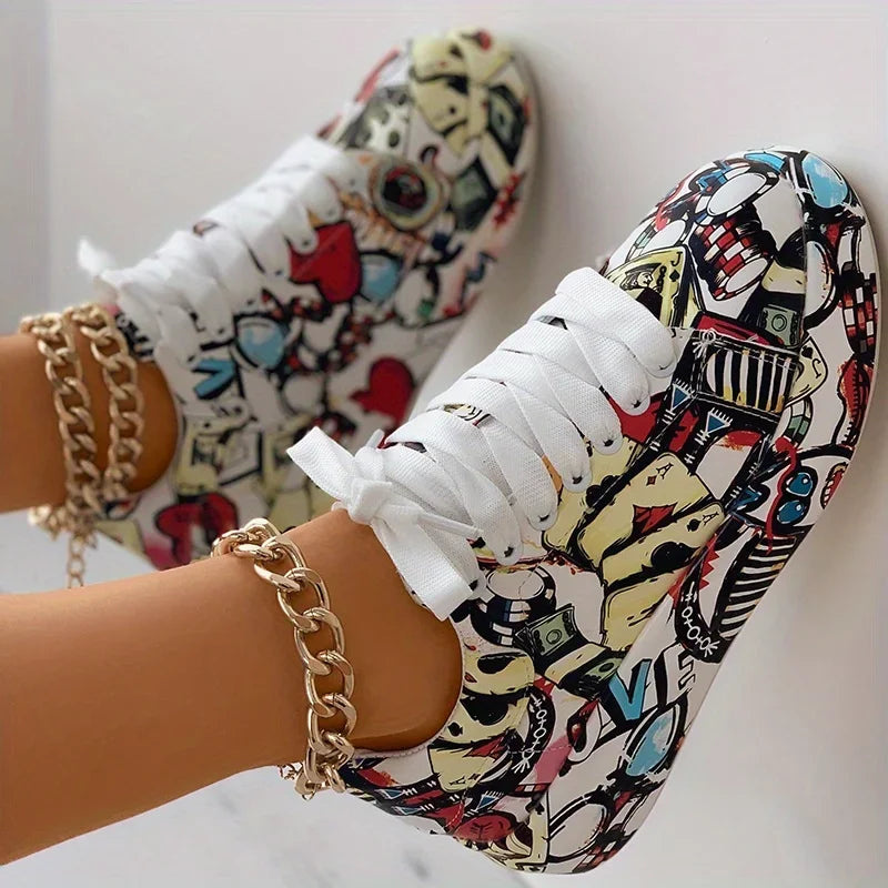 Graffiti Print  Low-top Platform Skateboard Sneakers