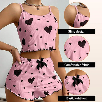Short Tank Ventilate Soft Casual Love Printing Pyjama Set