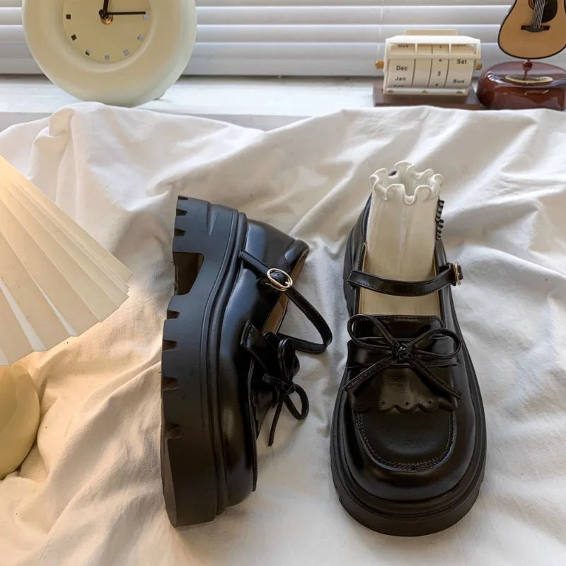 Black Leather Mary Janes Bow Thick Sole Casual Toddler Shoes