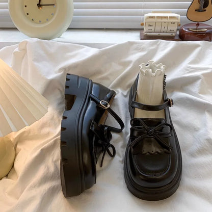 Black Leather Mary Janes Bow Thick Sole Casual Toddler Shoes