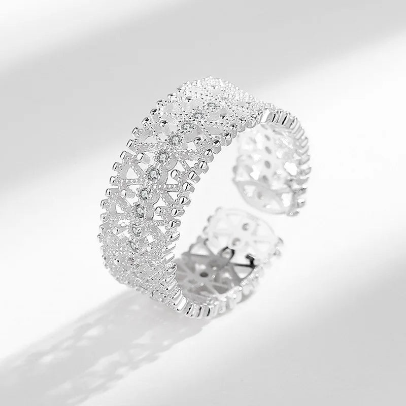 925 Sterling Silver Luxury Hollow Zircon Geometry Adjustable Rings