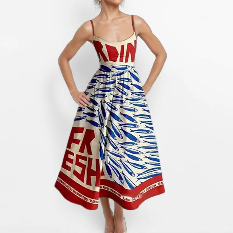 Print Suspenders Blue Ocean Fish Pattern Sexy Long dress
