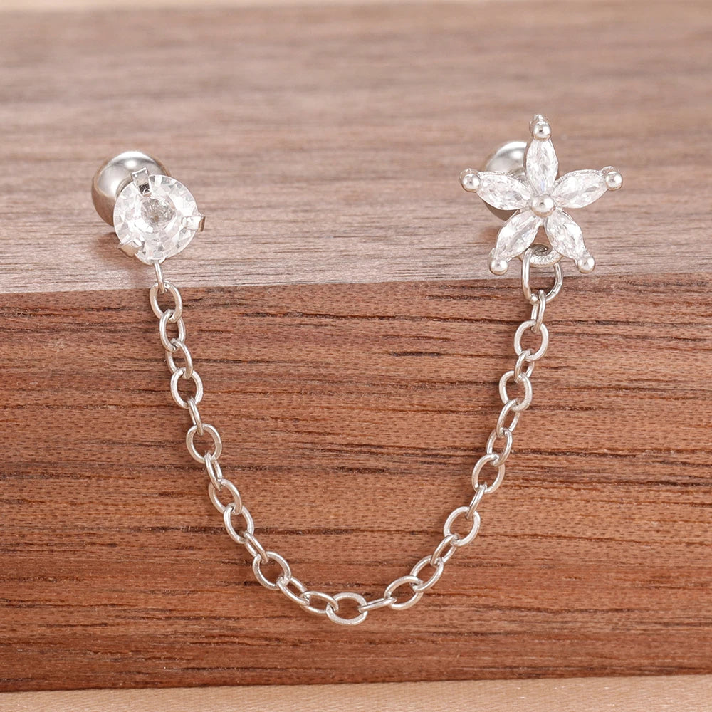 Stainless Steel Gold Color Chain Dangle Drop Zirconia Earrings