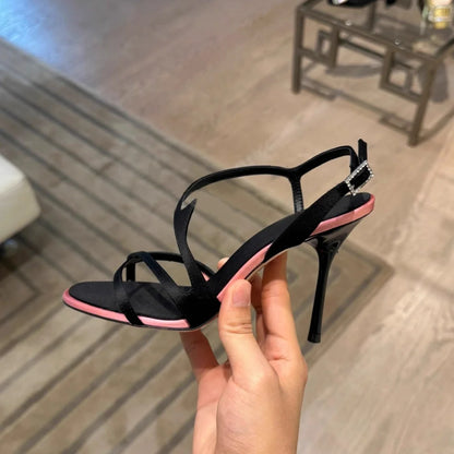 Satin Color Block Stiletto High Heels with One Belt Sandals