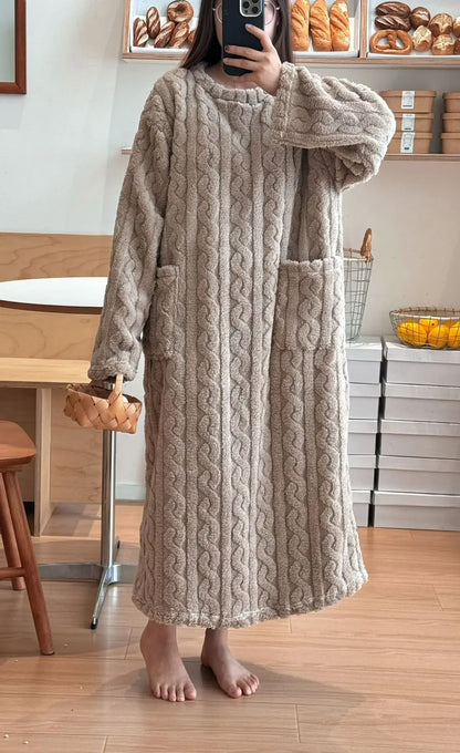 Long Sleeve Double Pocket Thickened Warm Nightdress