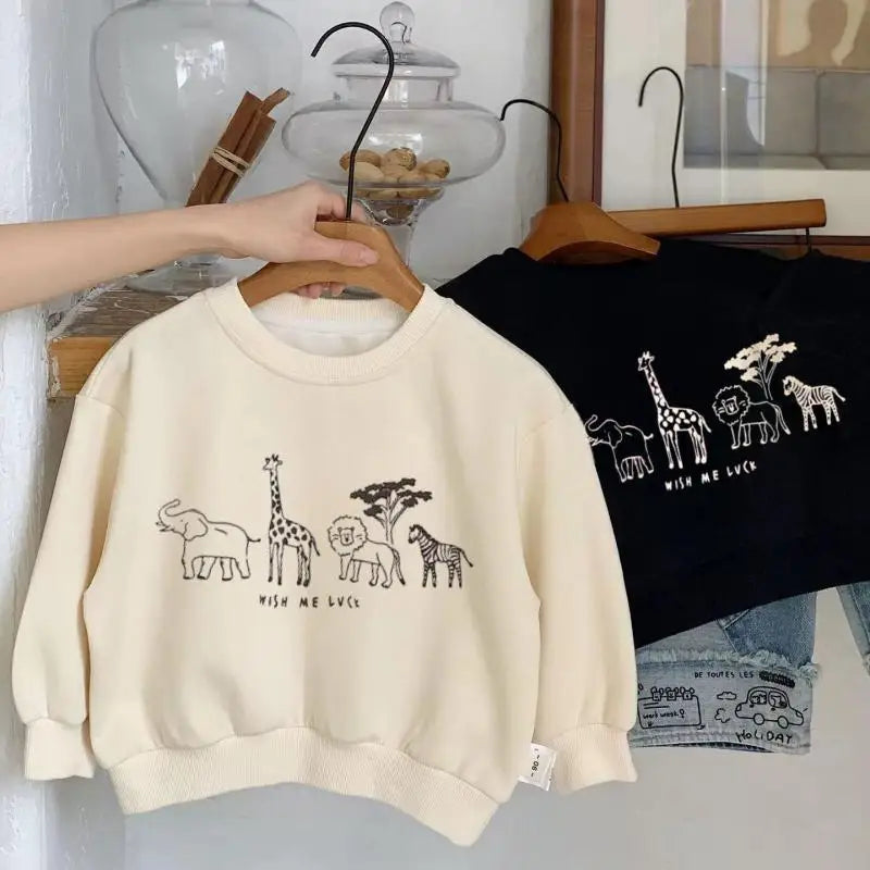 Spring/Autumn Cartoon Animals Print Long Sleeve Round Neck Hoodie
