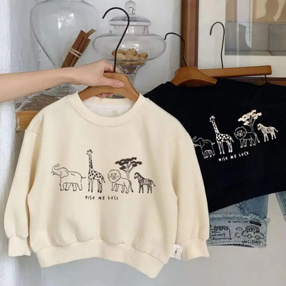 Spring/Autumn Cartoon Animals Print Long Sleeve Round Neck Hoodie