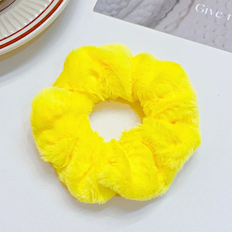 Solid Soft Plush Wide Hair Band Ponytail Holder Hair Tie Fluffy Rubber Band