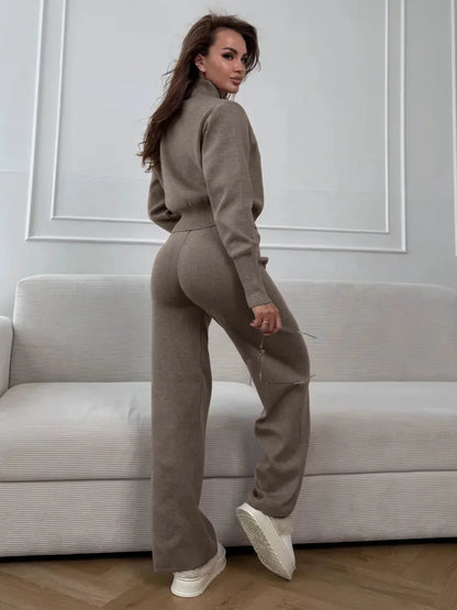 Knit Zip Up Cardigan Wide Leg Soft Fabric Cropped Sets