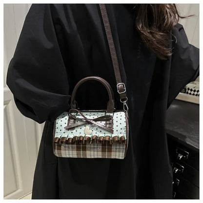 Retro Sweetheart Polka Dot & Plaid Hangbag Exquisite Wallet With Bow Lace Trim