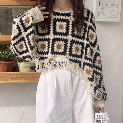 Granny Square Top Fringed Crochet Knitted Top Batwing Sleeve Pullover Sweater