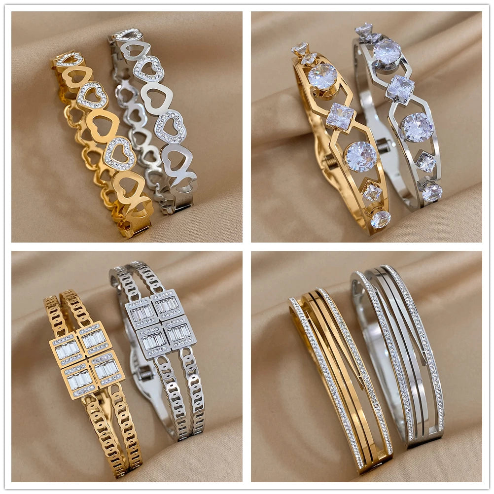 Multiple Vintage Inlaid Rhinestone Zircon Stainless Steel Wide Bangles Bracelets