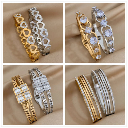Multiple Vintage Inlaid Rhinestone Zircon Stainless Steel Wide Bangles Bracelets