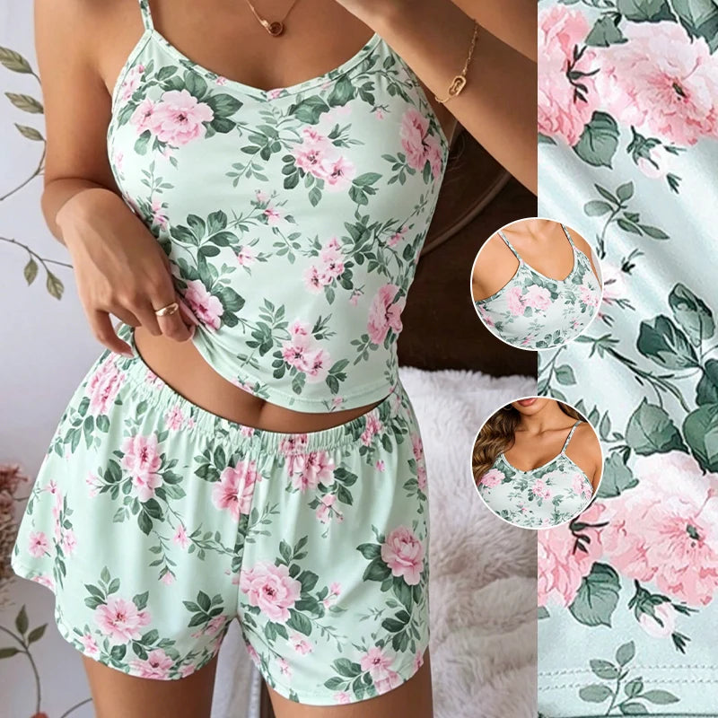 Floral Print Spaghetti Strap V Neck Shorts Sleepwear