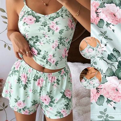 Floral Print Spaghetti Strap V Neck Shorts Sleepwear