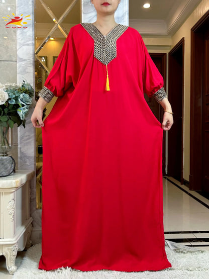 Muslim Long Sleeve Cotton With Big Scarf African Abaya