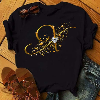 Custom Letter Combination Diamond Gold Letter T-shirt