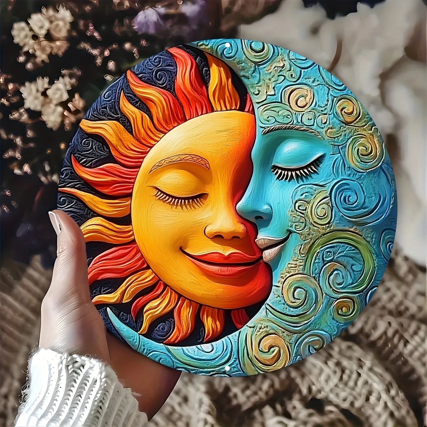 2D Flat Round Wooden Sign Sun And Moon