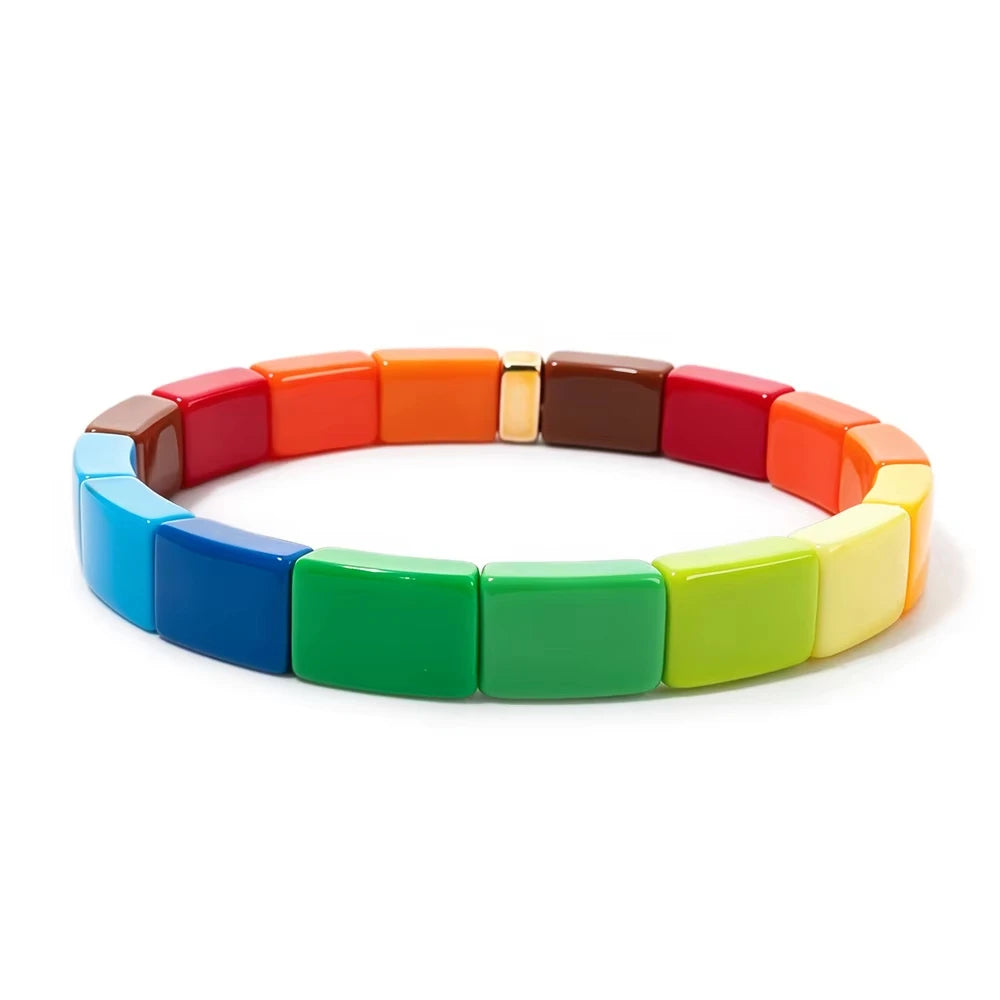 Colorful Acrylic Beaded Elastic Handmade Rainbow Color Bracelets