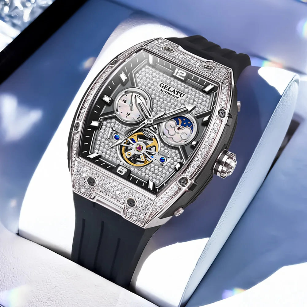 Fully Diamond Luxury Hollowed Moon Phase Waterproof Automatic Mechanical Watches