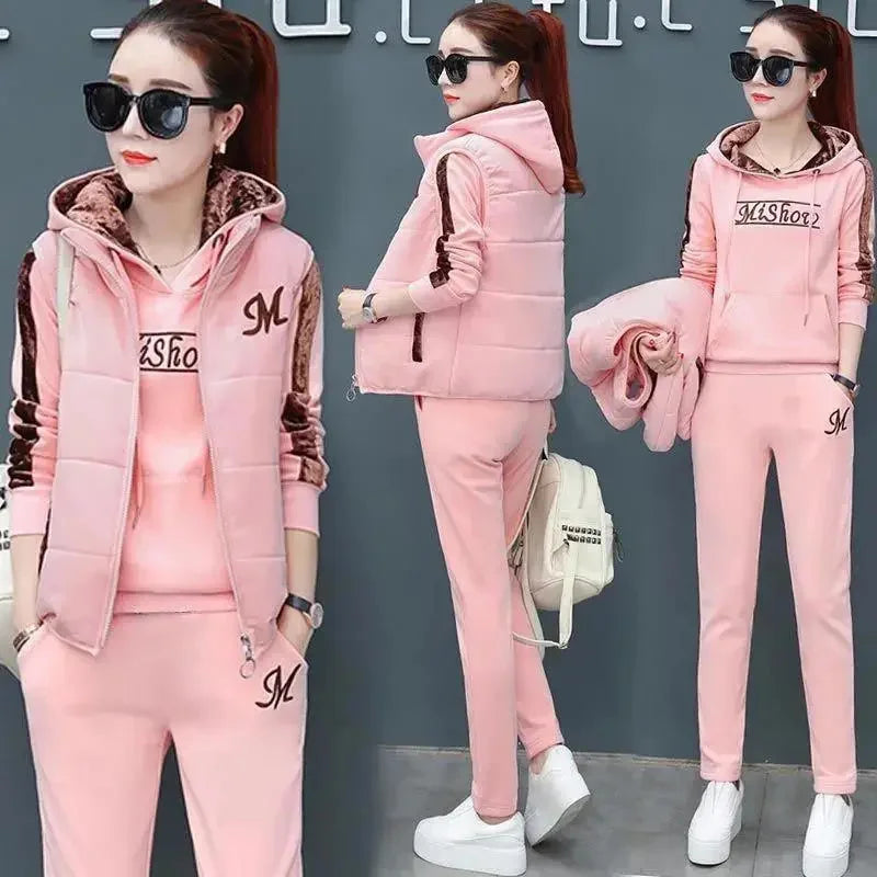 Casual Autumn Winter Thickened Hooded Waistcoat Pants 3 Three Piece Sets