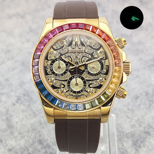 Movement Quartz Chronograph Sapphire Glass Gemstone Dial Luxury Waterproof Wristwatch