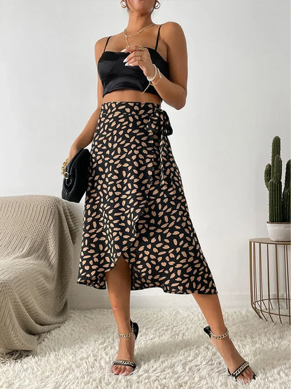 Casual Print Tie Side Wrap High Waist Skirts