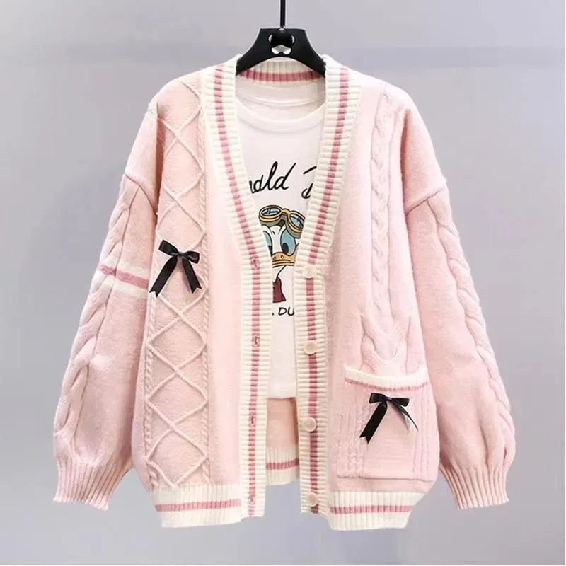 Sweet Bow Cardigans Y2K Aesthetic Contrast Color V-Neck Knitted Cardigan Sweaters Coat