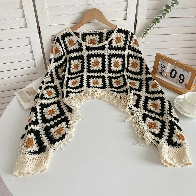 Granny Square Top Fringed Crochet Knitted Top Batwing Sleeve Pullover Sweater