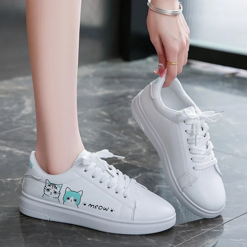 Breathable Vulcanized Cute Cat Cartoon Lace Casual Sneakers