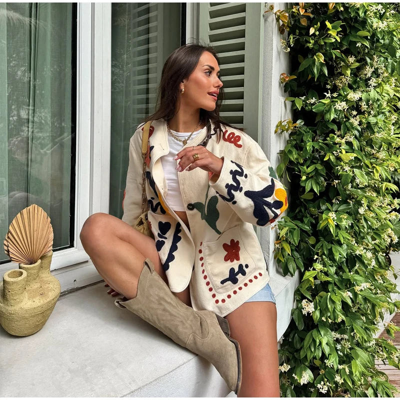Boho Colorful Flower Print Cardigan Round Neck Long Sleeve Coat Jacket