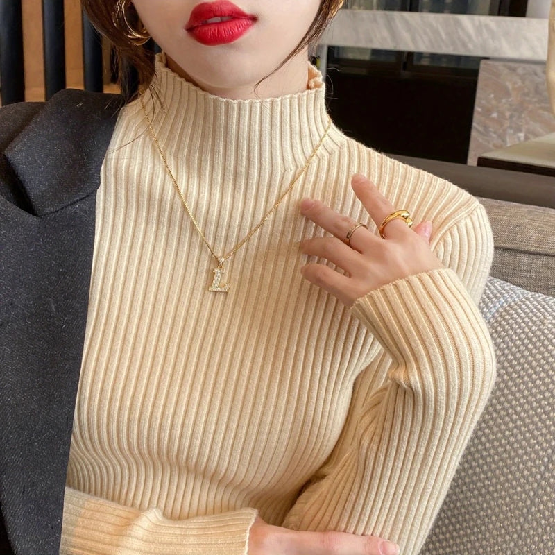 Knitted Long Sleeve Mock Neck White Knit Tops Sweaters